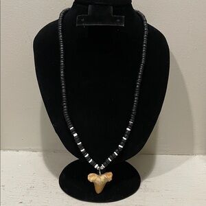 Black Coconut Shell Beaded And Large Fossil Shark Tooth Pendant Necklace 10”